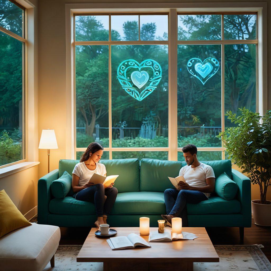 A serene couple sitting together on a cozy couch, surrounded by floating icons of insurance symbols such as hearts, shields, and paperwork, radiating warmth and security. A calming color palette of blues and greens enhances the sense of peace and trust in their relationship. Soft light filters through a window, casting an inviting glow. super-realistic. vibrant colors. peaceful atmosphere.