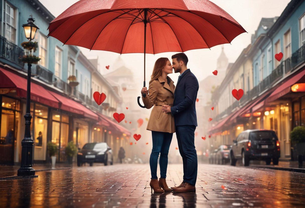 A loving couple embracing under a protective umbrella, symbolizing insurance and security, surrounded by heart-shaped icons representing love and financial protection. In the background, various symbols of affordable coverage options like shields and checkmarks blend harmoniously. The scene should feel warm and inviting, radiating trust and security. super-realistic. vibrant colors. soft-focus background.