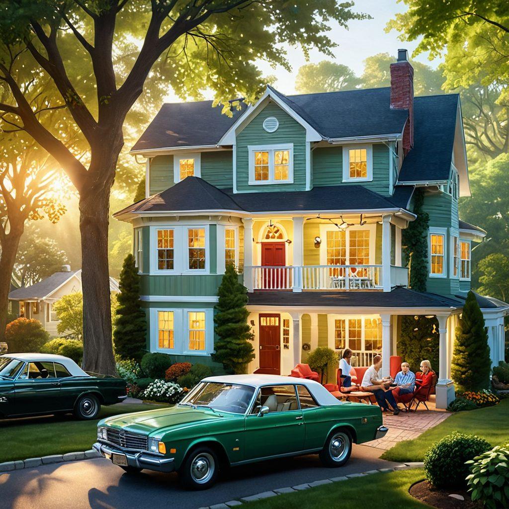 A warm and inviting scene featuring a glowing heart symbol intertwined with a house and a car, representing love, home, and auto insurance. Soft sunlight filters through trees, casting gentle shadows, while family members enjoy quality time outdoors. Include icons or symbols of protection, like shields or umbrellas, subtly integrated into the background. The overall atmosphere should feel secure and uplifting. super-realistic. vibrant colors. gentle background.